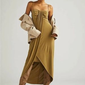 Anthropologie Dress Size 6 Small Moss Green Midi Smocked Boho Sleeveless Draped